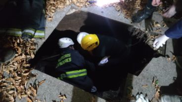 Bomberos ingresaron al pozo y sujetaron a la víctima a una tabla para extraerla.