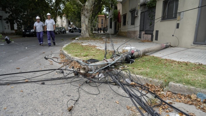 Columnas de servicio eléctrico se cayeron tras el paso de un camión que enganchó cables.
