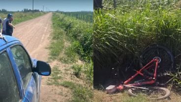 El lugar donde el auto la embistió, y dejó la marca de las ruedas desviadas de la ruta de tierra/ la bicicleta rota.