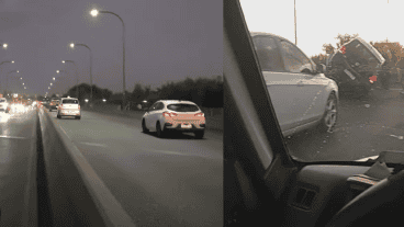 La barrera sobre la cual terminó el auto incristado / Ocupantes de otro vehículo registraron el siniestro en el acceso a la autopista.