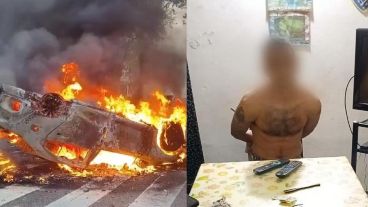 El patrullero incendiado en la marcha y el momento de la detención del sospechoso.