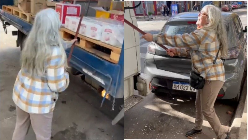La mujer destrozó el camión con un fierro.