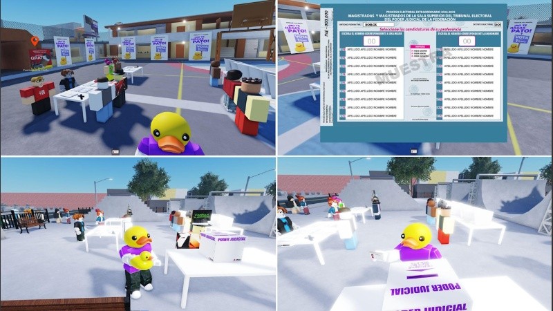 Combo de ilustraciones cedidas por el Instituto Nacional Electoral (INE) donde se observa una simulación de un juego de la plataforma 'Roblox' que muestra cómo votar en las elecciones judiciales del próximo domingo.