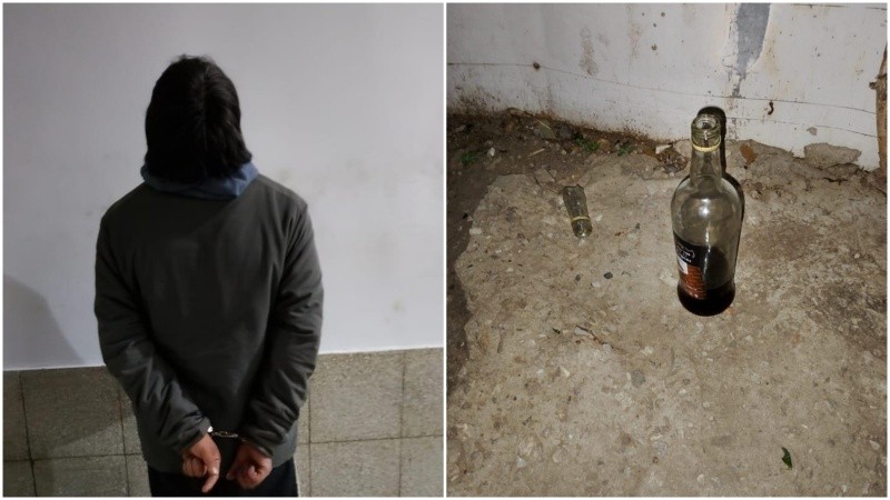 El agresor detenido y el licor marca Crazy, secuestrado como evidencia.