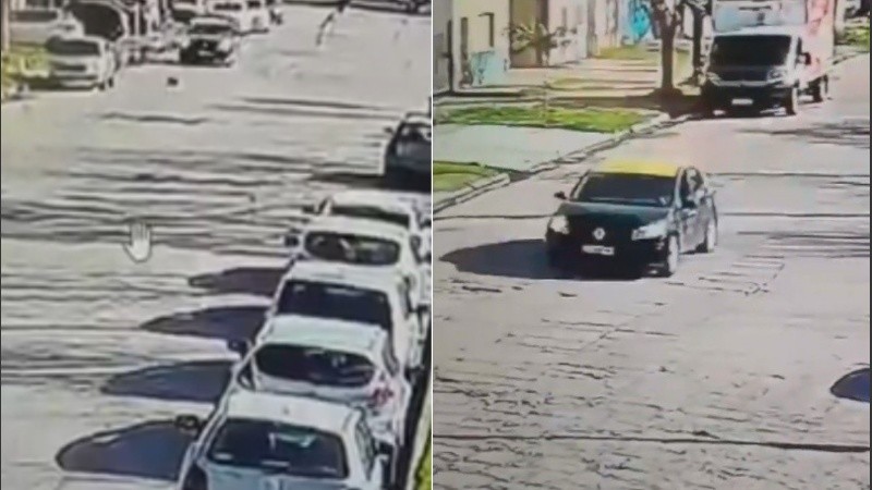 Imágenes del taxi acercándose al perro y luego, siguiendo de largo.