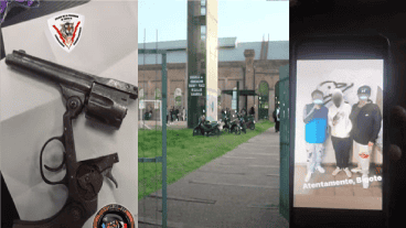 El revólver calibre 32 hallada en una mochila / el ingreso a la escuela Rivarola / La imagen que subió el alumno con un arma.