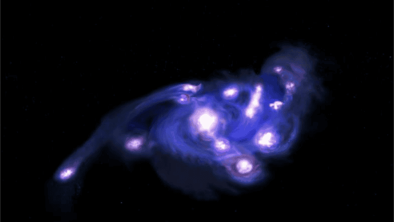 Contiene al menos 15 cúmulos masivos de formación estelar en su disco giratorio.