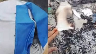 La carpa y al lado las cenizas tras el incendio.