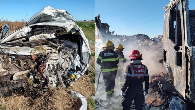El vehículo en que viajaba la familia chubutense y el camión, completamente destruidos e incendiados.