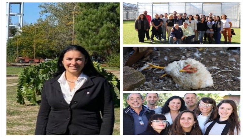 Anabel, el equipo del IPVET, un ave enferma y el grupo que presentó el proyecto en FONTAGRO