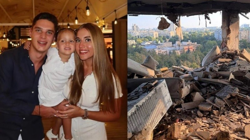 Sudakov y familia. Su edificio bombardeado en Kiev sufrió graves daños.
