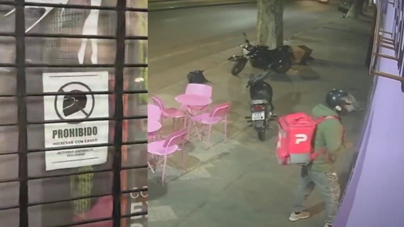 La dueña de una perfumería puso un cartel para prohibir el ingreso con casco.