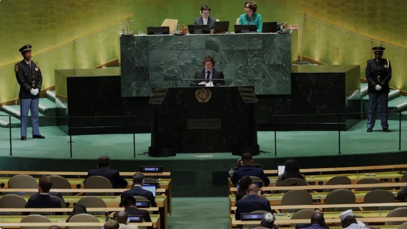 Javier Milei dando su discurso ante la Asamblea General de la ONU.