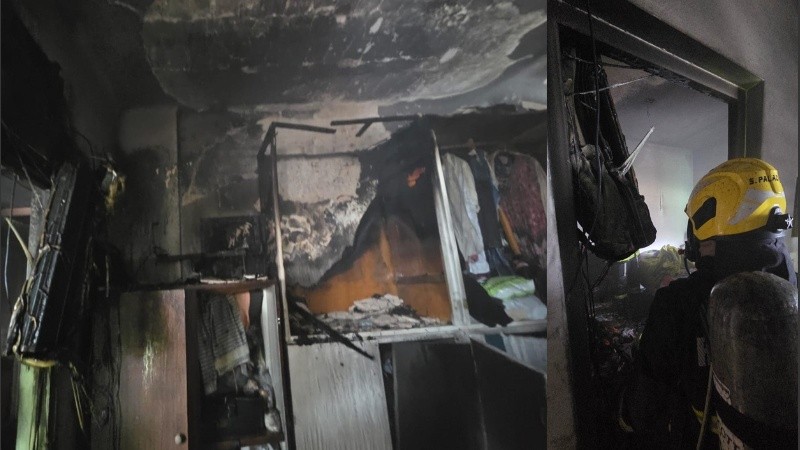 Así quedó la habitación incendiada este sábado por una falla en un tablero eléctrico.
