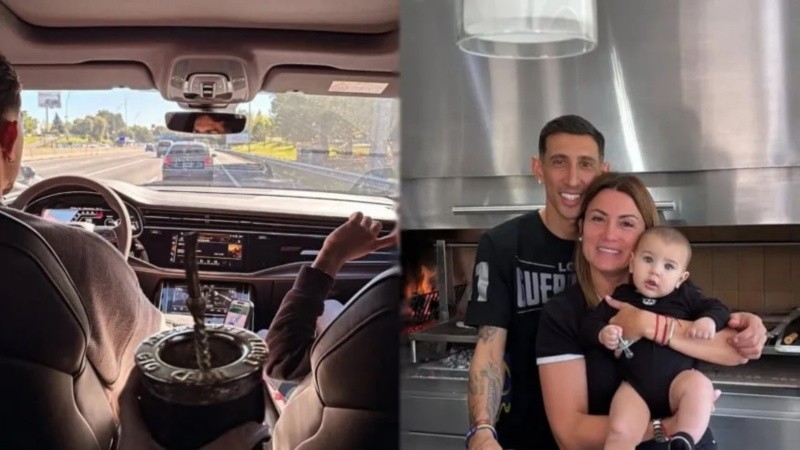Paredes en viaje rumbo a Rosario y la foto de Di María con Jorgelina Cardoso y el más pequeño de los Paredes.