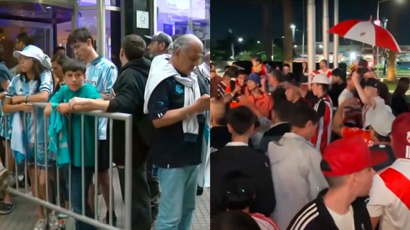 Gente con camisetas en los dos hoteles que alojan a los planteles.