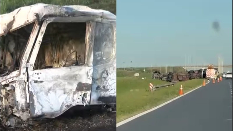 Del lado izquierdo, la cabina del camión siniestrado sobre Autopista Rosario - Buenos Aires. Del lado derecho, el camión volcado sobre Aut. Ros - Cba..