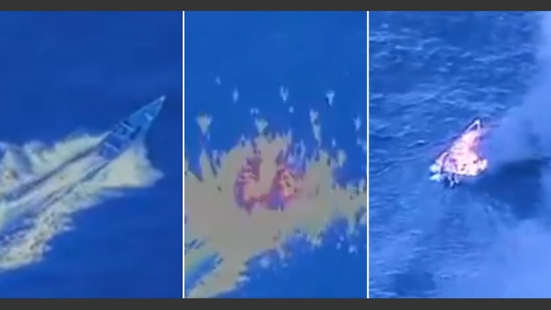1- La lancha cuando navegaba previo al ataque. 2. El momento del estallido y 3. La imagen luego de la estampida que causó la muerte de cuatro presuntos narcotraficantes.