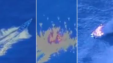 1- La lancha cuando navegaba previo al ataque. 2. El momento del estallido y 3. La imagen luego de la estampida que causó la muerte de cuatro presuntos narcotraficantes.