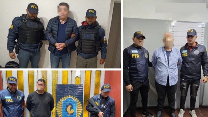 El líder de la banda, Claudio Daniel Coto (arriba); el mecánico Néstor Adrián Santabaya (a la derecha); y su hijo remisero y parrillero Nicolás Adrián Santabaya (abajo) durante sus detenciones en diciembre de 2023.