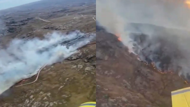 Dos imágenes aéreas del los incendio forestales en la Quebrada del Condorito (Córdoba).
