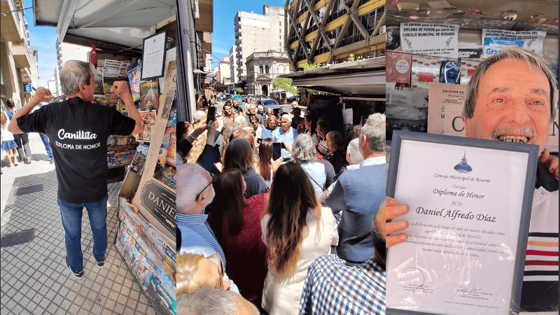 El día en que fue entregado el diploma de honor frente a su quiosco y junto a los vecinos.