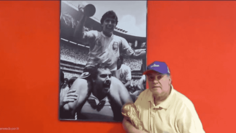 Cejas junto a la imagen que lo inmortalizó para siempre en la historia del fútbol argentino.