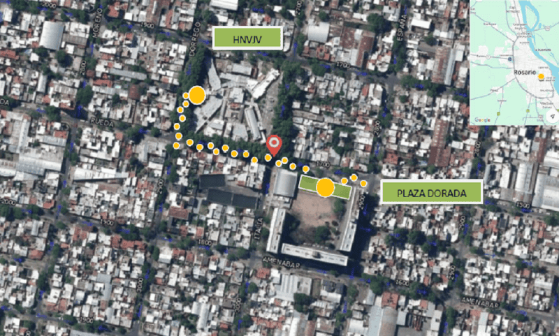 &nbsp;El camino que se prevé pintar con huellas de color amarillo entre la plaza y el ingreso a la sala de Oncohematología del Vilela.