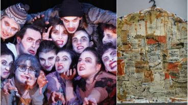 El elenco de "Fuego ciruja" y una de la sobras que integra la muestra "Transformaciones".