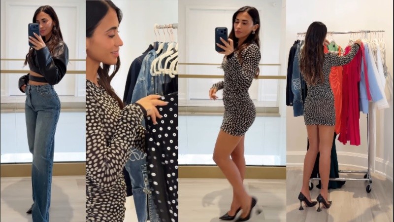 Antonela modela su ropa para remate.