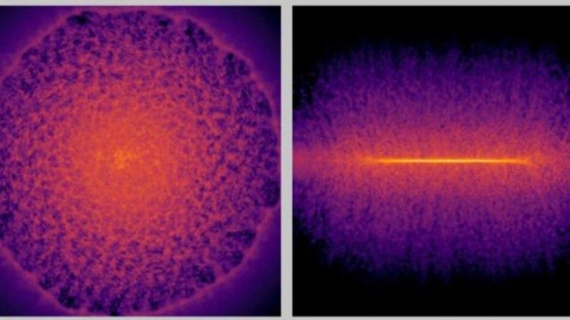 Simulación de la distribución de gas tras una explosión de supernova, vista frontal y lateral.