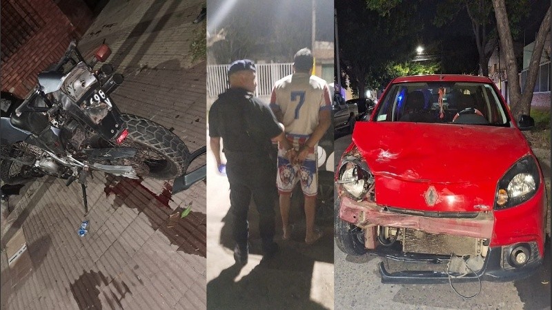 La moto y el auto que colisionaron en la noche del sábado, y el conductor que se dio a la fuga y fue luego detenido.