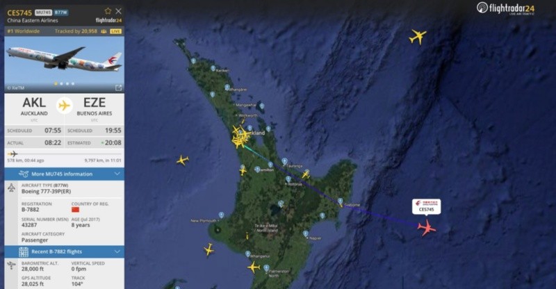 La parada técnica en Nueva Zelanda. (Flightradar24)&nbsp;