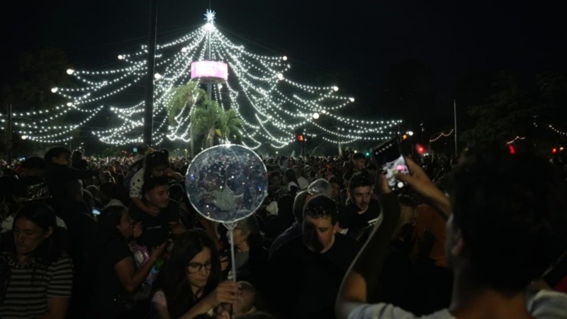 Una multitud en el encendido del árbol.