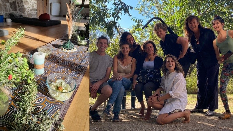 Una imagen del lugar donde se realizaban los retiros / El equipo del estudio junto a los cineastas que registraron en su documental.&nbsp;