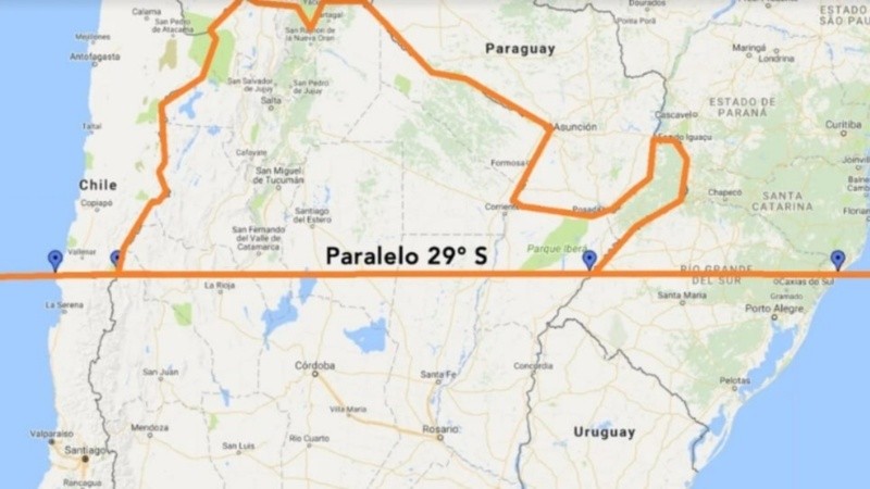 La línea imaginaria que demarca el paralelo 29s contempla las zonas fronterizas de Argentina con Brasil, Paraguay, Bolivia y el norte de Chile.&nbsp;