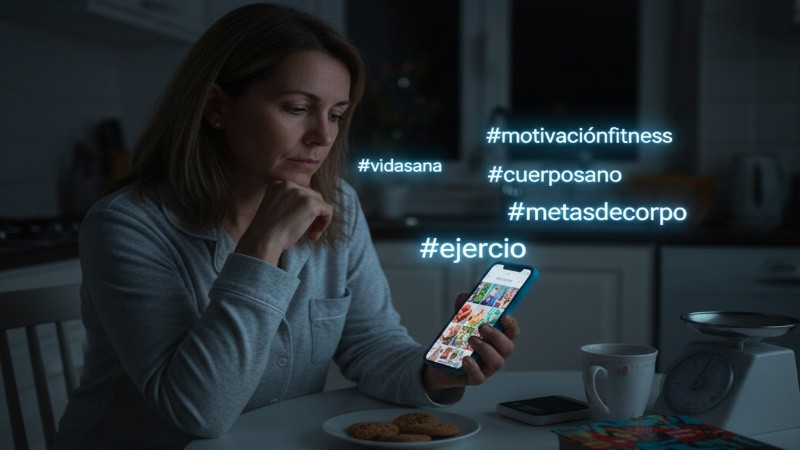 &nbsp;Una mujer mira sus redes sociales plagadas de posteos sobre salud y estética corporal (Gémini)&nbsp;
