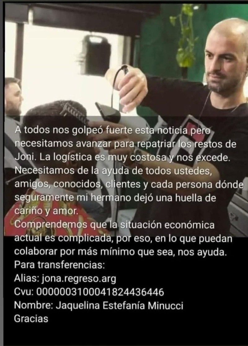 El mensaje y el pedido de ayuda de los familiaires de Jona para repatriar sus restos.