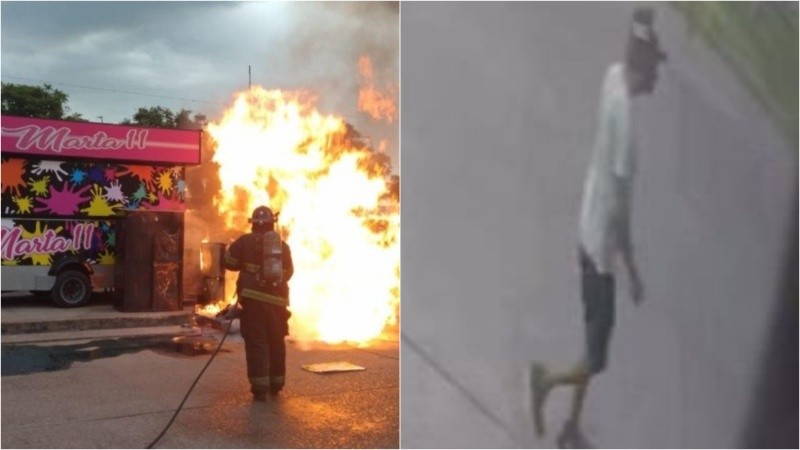 El incendio del carrito y el acusado en el lugar del hecho.