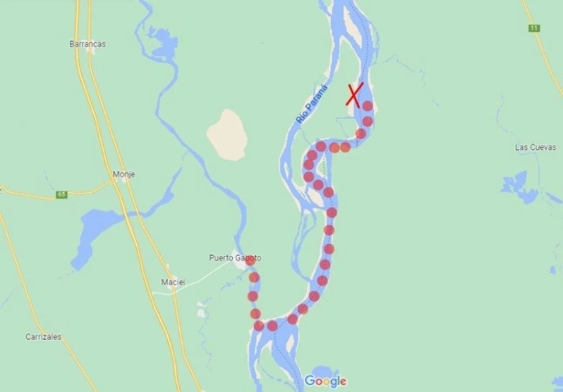 Mapa para acercarse al Parque Nacional desde Puerto Gaboto a través del canal Vicentín. También hay un acceso desde el arroyo El Ternero.&nbsp;