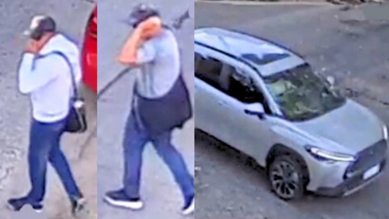 Los dos buscados por el asalto y el auto que usaron.