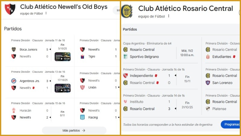 &nbsp;Captura de pantalla al buscar Newell's o Central. 