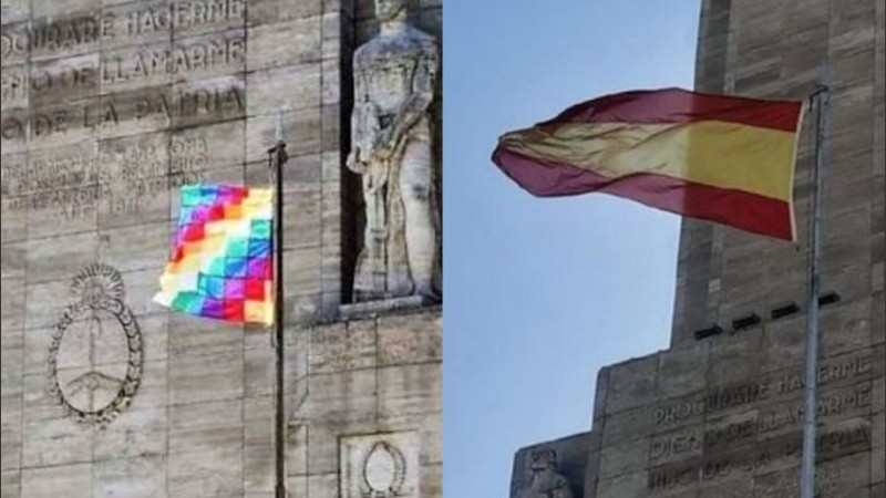 La Whipala y la Bandera de España flameando en el Momento nacional a la Bandera.