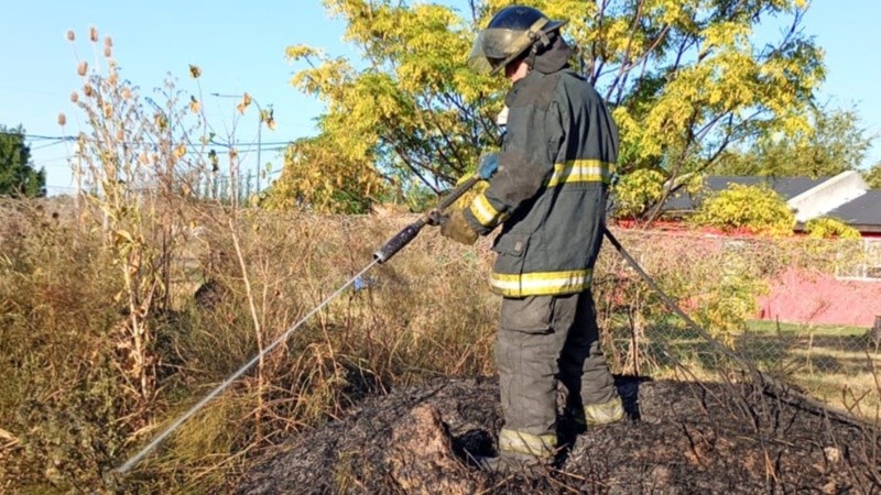 Un bombero apagando pastos quemados.