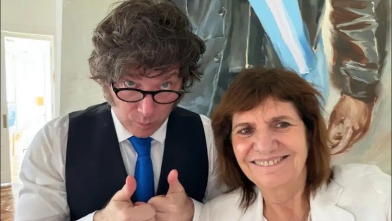 La jefa del bloque de La Libertad Avanza en el Senado, Patricia Bullrich, y el presidente Javier Milei (X @PatoBullrich).