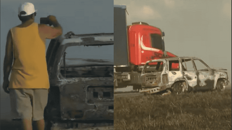 La camioneta resultó completamente incinerada junto a la banquina en la autopista a Buenos Aires.