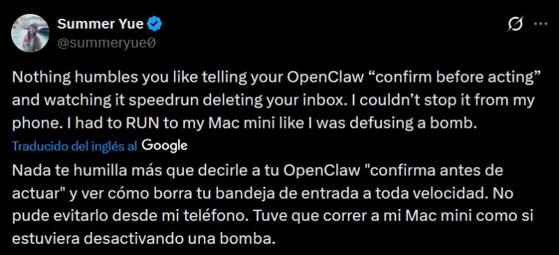 Summer Yue contó en X cómo un agente de IA borró su bandeja de entrada&nbsp;