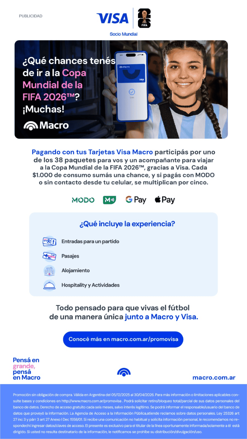 &nbsp;Los paquetes que sortearán Banco Macro y Visa para ir al Mundial