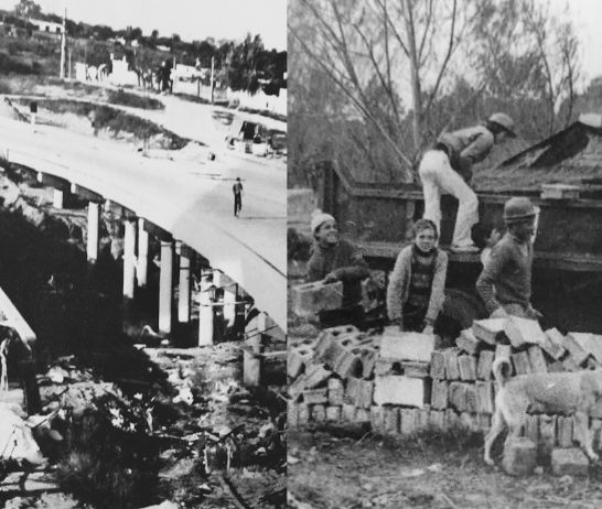 Fotos de la obra del puente sobre el Brazo Sur del Arroyo Saladillo, Acceso Sur- Puerto Rosario (Revista Vivienda Nº 230. 1981) y del desmantelamiento de vivienda precarias (Diario La Capital,1977).