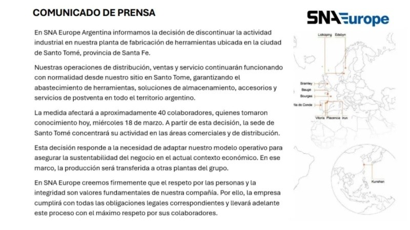 El comunicado de la compañía que anuncia el cierre de la fábrica de herramientas Bahco en Santo Tomé.